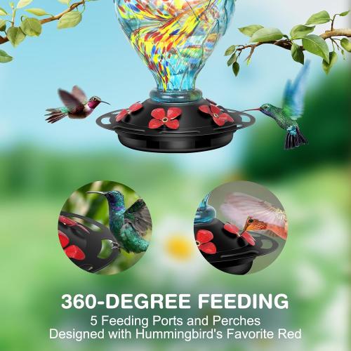 Hummingbird Feeders for Outdoors Hanging Ant and Bee Proof, Hand Blown Glass Hummingbird Feeder with 5 Perches, 30 Fuild Oz Capacity, Garden Backyard Decor, Blue