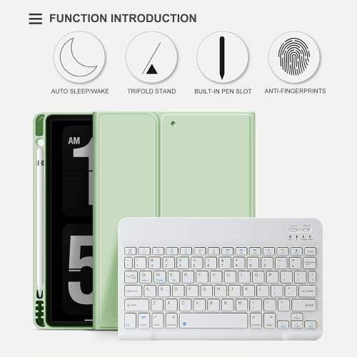 Color light green aoub Case for iPad 9th/8th/7th Generation 10.2 inch, Stand Folio Detachable Wireless Bluetooth Keyboard Cover Soft TPU Back Case with Pencil Holder for iPad 10.2 2021/2020/2019, Light Green