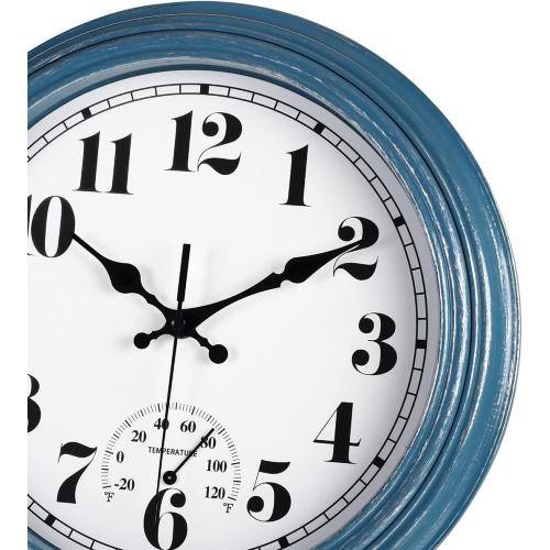 JENLYSTIME 12 Inch Indoor/Outdoor Retro Waterproof Wall Clock with Thermometer Silent Round Quartz Battery Operated Easy to Read Decorative for Kitchen Patio,Bathroom,Deck,Porch,Pool(Blue)