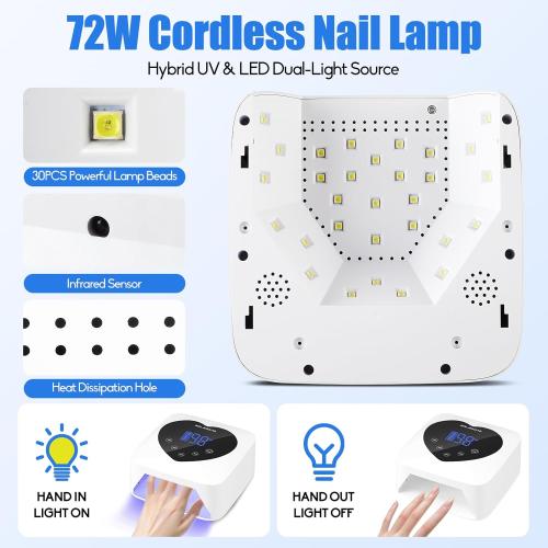 UV LED Nail Lamp, 72W Cordless UV Light for Nails, Rechargeable Nail Dryer Gel Polish Light with 5 Timer & Touch Display, Professional Fast Gel Nail Light Curing Lamp Auto Sensor (White)