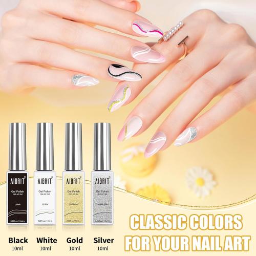 Gel Liner Art Polish Set 10ml, 4 Colors Black White Gold Silver Design Paint with Thin Brush in Bottle for Swirl/Euphoria French Tips Manicure Painting DIY at Home