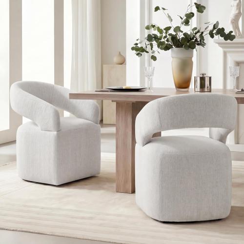 KISLOT Upholstered Dining Chairs Set of 4, Modern Arm Kitchen & Dining Room Chairs with Hidden Casters, Linen Fabric Padded Rolling Chairs, Sturdy Wood Frame, 300 lbs Capacity, Light Linen