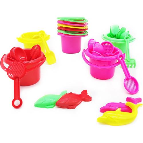 The Dreidel Company Mini Beach Day Playsets (Pack of 6) 3.25 Sand Bucket Play Set Box Includes, Pail, Shovel, Rake, Sifter Scoop, Dolphin Fish Sand Trays Toy for Boys and Girls Birthday Party Favor