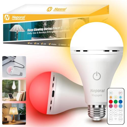 Neporal MagixPro RGB Remote Rechargeable Light Bulbs, Dual Recharge (USB & Socket Charging), Color Changing Dimmable LED Bulb, No Outlet Needed, Touch   Remote Control, Non Electric Lighting, 2 Pack