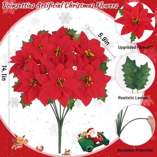 Artflower Christmas Decorations - 6 Pack Poinsettias Artificial Christmas Flowers, Fake Red Velvet Artificial Poinsettias Flowers for Christmas Tree Home Party Porch Yard Indoor Outdoor Decor