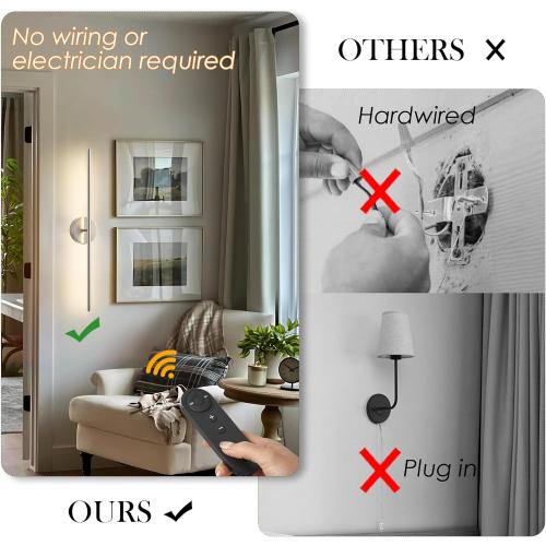 Battery Operated Wall Sconces with Remote Control, Dimmable Wall Sconces Set of Two, 350°Rotate, 3000K LED Nickel Wireless Wall Light for Living Room,Bedroom, Hallway, 28.3 Inch (2 Pack)