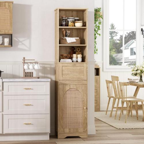 Size 67 H Color  Natural Bathroom Storage Cabinet with Rattan Doors and Slide Storage, Tall Narrow Freestanding Tower Cabinets with Adjustable Shelves for Kitchen, Living Room, Dining Room