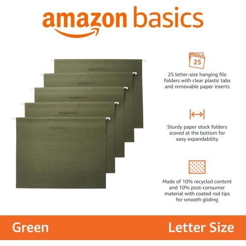 Amazon Basics Hanging Organizer File Folders for Efficient Filing, Sturdy, Adjustable Tabs, Letter Size, Pack of 25, Green