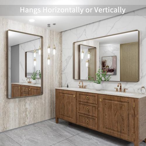 LOAAO 48”X32” Bronze Bathroom Mirrors for Vanity, Rounded Rectangle Brushed Bronze Metal Frame Mirror, Anti-Rust, Tempered Glass, Hangs Horizontally or Vertically