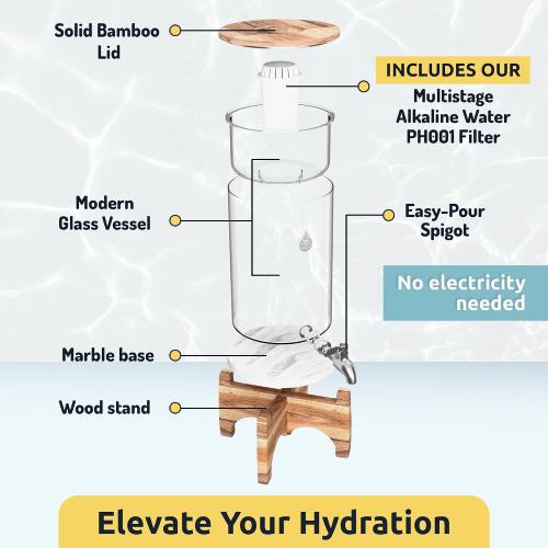 CLEAR AND WOODEN Invigorated Water pH Recharge Alkaline Water Filter Dispenser – BPA-Free Glass Countertop Water Filter Pitcher Purifier for Home & Office, 36-Cup Capacity, 360L Long Filter Life (Acacia/Marble)