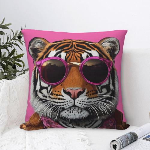 Tiger Throw Pillow Cover 18x18Inch, Tiger with Sunglasses, Home Set for Spring Summer Decorations Outdoor Decor Farmhouse Cushion Case for Home Holiday