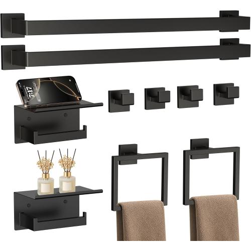 10-Piece 23.6 Inch Matte Black Bathroom Accessories Set, Bathroom Hardware Set, SUS304 Stainless Steel Bath Towel Bar Set, Toilet Paper Holder with Shelf, Towel Hooks, Towel Rings Wall Mounted