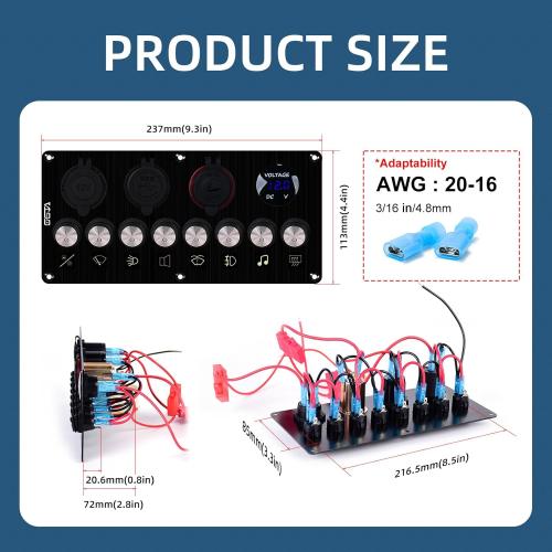 8 Gang Marine Boat Switch Panel Waterproof with Charger (PD,QC3.0 ) and Voltage Meter, 12V/24V Rocker Switch Panel for car,Trucks, Boats