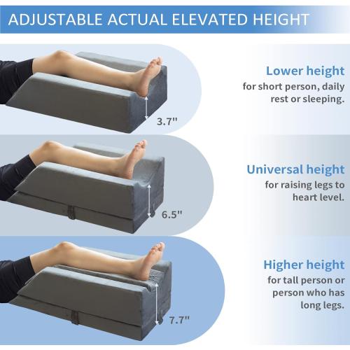 KingPavonini 4-Height Adjustable Leg Elevation Pillows for After Surgery, Injuries, or Rest, Memory Foam Leg Pillows for Sleeping with 3 Handles and Insert Pad, Washable Velvet Cover