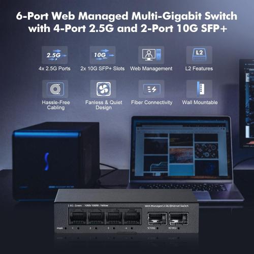 Black 6 Port 2.5G Managed Switch, 4 x 2.5Gbps Base-T Ports and 2 x 10G SFP  Slot, Support LACP/QOS/VLAN/IGMP, Mini Metal Fanless YuLinca 2.5Gb Easy Web Wallmount Switch