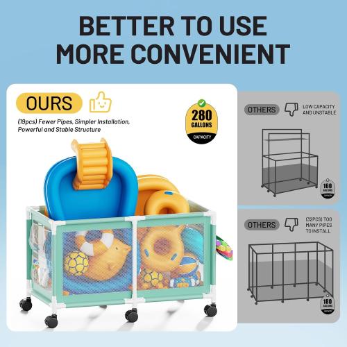 280 Gallon 69 Pool Storage Bin XXL Extra Large Swimming Pool Float Storage Bin, Pool Noodles Holder, Toys, Floats, Balls and Floats Equipment Mesh Rolling Bin for Garden Lawn, 69 Lx32 Wx35 H