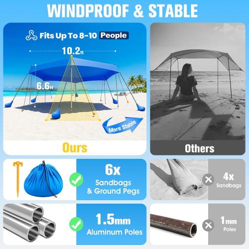Beach Canopy Tent Sun Shade UPF50  UV Protection,2026 Upgraded Hexagon Beach Shade Canopy with 6 Sandbags & 6 Stability Poles, Outdoor Portable Sun Shelter for Beach, Camping Trips, Fishing, Backyard
