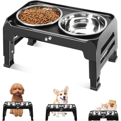 COMESOON Elevated Dog Bowls for Small Medium Dogs, 3 Height Adjustable Raised Stand with 2 Thick 6 Stainless Steel Food Bowls, Non-Slip Feeder Adjusts to 2.75, 6, 7.5, Black