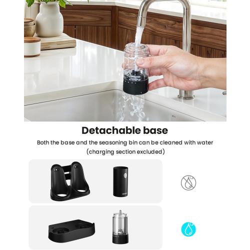 Electric Salt and Pepper Grinder Set with Rechargeable Base - Automatic Refillable Electric Salt and Pepper Shakers with Large Capacity, LED Light & Adjustable Coarseness, Black