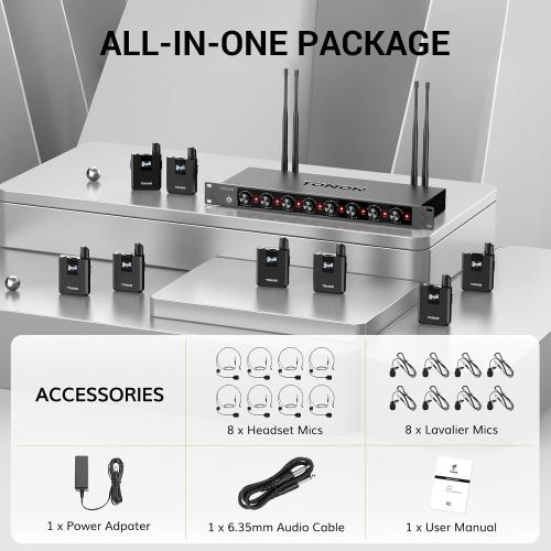 TONOR Wireless Microphones System with 8x12 Channels Headset/Lavalier Lapel Mics, Bodypack Transmitter, Receiver, 90 m/295ft UHF Range for Church Conference Performance Singing Karaoke PA Speaker