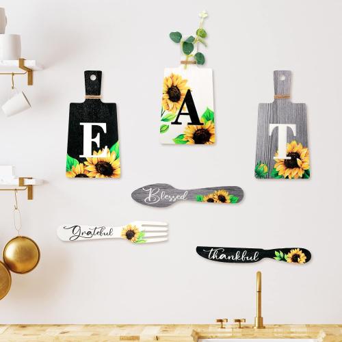 Bucherry Sunflower Kitchen Wall Decor Sets, 6 Wooden Eat Signs Decor
