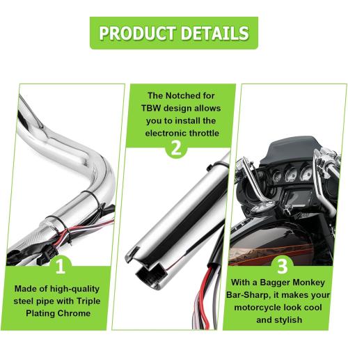 Mofun Chrome Pre-Wired Handlebar 1 1/4 Ape Hangers Meathook Ape Bar 12 Inch Compatible with Harley Touring Street Glide Electra Ultra Limited Tri Glide 2014-2020 2021 2022 2023