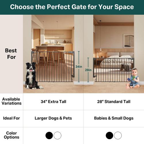 Cumbor 34 Extra Tall No Bottom Bar Baby Gate for Stairs, Hardware Mounted Dog Gate Indoor for Larger Pets, Expandable 31.6-48 Safety Gate for Doorways, Wide Walk Thru Door for Easy Access (Black)