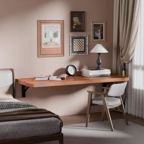 IAE Wall Mounted Folding Table with Pine Wood,Floating Wall Desk,Laundry Folding Table with Shelf Brackets,Fold Down Desk Shelf,Folding Workbench for Home,Dining,Laundry Room,Kitchen,36 x 14,Teak