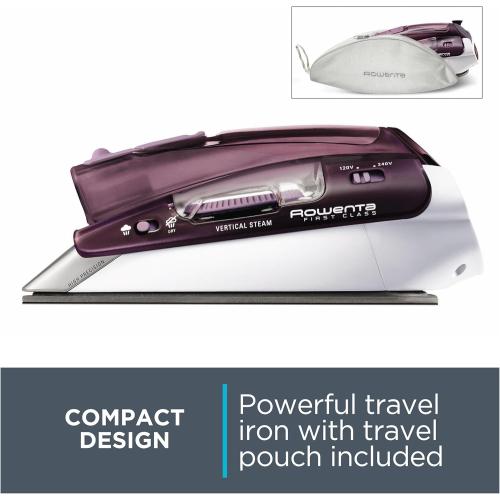 Rowenta Travel Iron, Pro Compact Stainless Steel Soleplate Hand Held Steamer Iron for Clothes, 200 Microsteam Holes, 1000 Watts Ironing, Fabric Steamer, Dual Voltage, Mini Iron, Purple, DA1560