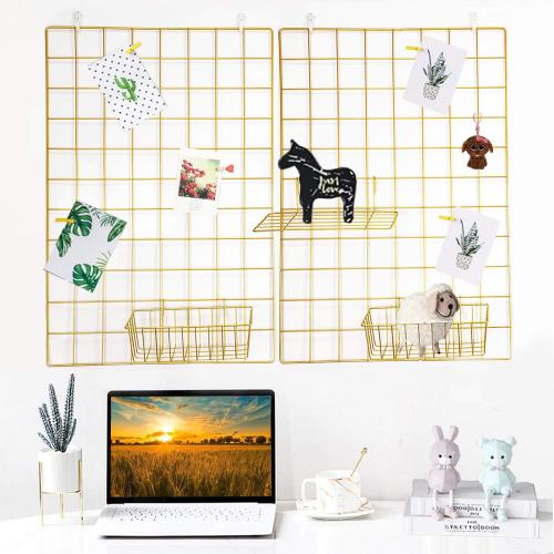 2 Pack Large Wall Grid Panels with Light and Clips, Photo Display Board, Picture Frame Collage Board, Wire Grid Wall Panel Room Decoration,Dark Gold