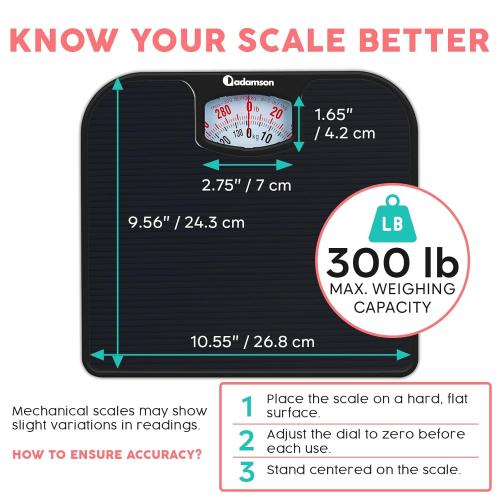 Adamson A21 Analog Scales for Body Weight - Up to 300 LB - New - Anti-Skid Rubber Surface - Large Numbers - Analog Bathroom Scale - Affordable - Durable with 20-Year Assurance - Full Black
