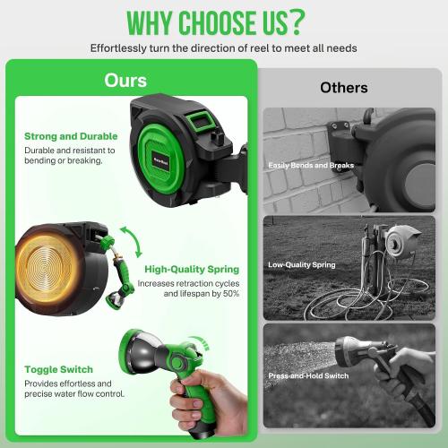 Size 1/2 x 100ft Color Green Retractable Garden Hose Reel, 1/2 in x 100 ft Heavy Duty Wall-Mounted Hose Reel with 180° Swivel Bracket, 10-Pattern Nozzle, Automatic Slow Return System, Any Length Lock for outside Watering,Cleaning