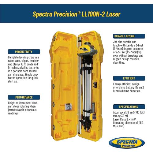 Spectra Precision LL100N-2 Laser Level Kit with HR320 Receiver and Clamp, 15' Grade Rod (Inches), Tripod, and System Case , Yellow