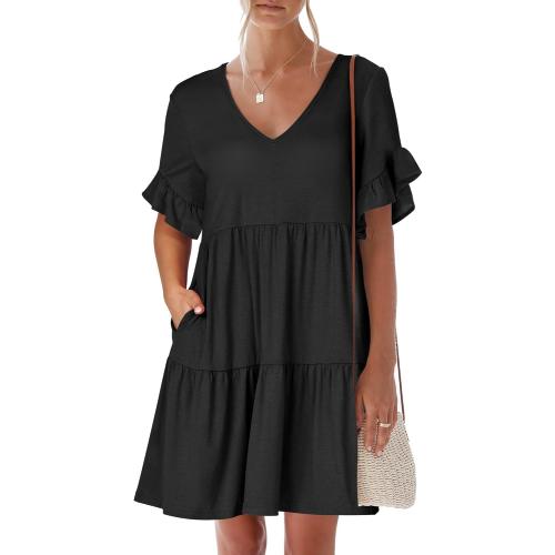 Size S ANRABESS Dresses for Women Summer 2026 V Neck Ruffle Sleeve A Line Tiered Flowy Casual Trendy Mini Beach Dress with Pockets