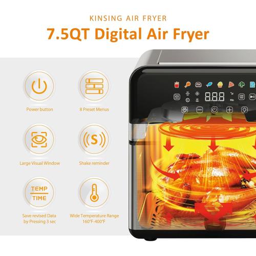 Air Fryer with Window Visible 8-in-1,Compact & Large 7.5-Qt,Up to 85% Less Oil,Roast, Bake, Dry, Reheat, Frozen, Broil,160-400℉ Even Results With Precise Temperature Control,Whole Metal Cover