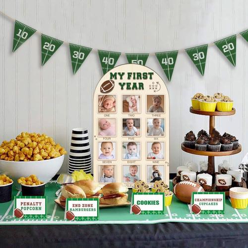 Partico My First Year Photo Board - Baby's First Year Photo Frame 12 Months Milestone Board Football Photo Display Wood Board 1st Birthday Picture Frame Decorations (fits 4 x 4 photo)