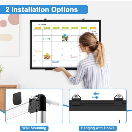 Dry Erase Calendar Whiteboard for Wall, WALGLASS 36 x 24 Magnetic White Board, Monthly Dry Erase Calendar with Silver Aluminum Frame, Double-Sided Hanging Portable Board for Office, Home, School