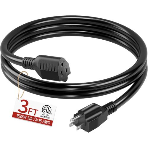 16/3 Short Extension Cord 3 FT, Black Extension Cord Flexible & Durable, Indoor 3 Prong Power Cable, Suitable for Home and Office, 13 Amp 1625 Watt 125VAC 16AWG, ETL Listed