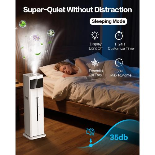 Cool Mist Humidifiers for Bedroom, Ultrasonic 2.4Gal 9L Quiet Top-Fill, Easy Clean with Essential Oil Tray, 360°Nozzle, 4 Speed, Remote, 60H Runtime, for Baby, Adults, Plants, Home, House, Large Room