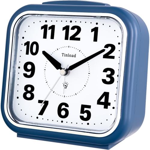 5.5 Large No Ticking Analog Alarm Clock,Silent Readable for Seniors,Easy to Set,Gradual Rise Alarm,Big Numbers,Gentle Wake,Snooze, Lighted on Demand,Battery Operated,Blue