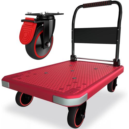 WUD Foldable Hand-Push Platform Truck with Brake, 360-Degree Swivel Wheels, 35.4”L x 23.6”W, 880 lb Load Capacity, Suitable for Luggage, Travel, Moving, Shopping, Office, Home Garden, Magenta