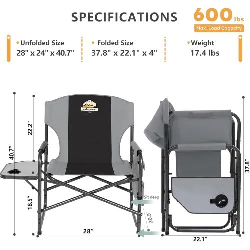 Colegence Oversized Directors Camping Chair Set of 2 Support 600 LBS, Heavy Duty Folding Outdoor Chairs with Detachable Side Pocket and Adjustable Side Table for Outside Beach,Lawn,Fishing (Black)