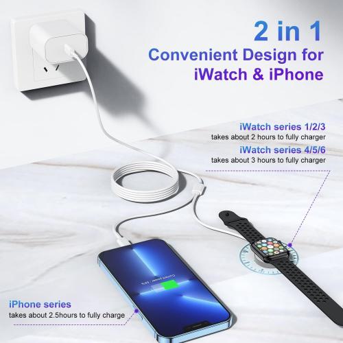 Upgraded USB C Charger for Apple Watch, 2 in 1 Phone and iWatch Magnetic Fast Charging Cable 6FT with USB-C Wall Charger, Compatible with Apple Watch Series 10/9/8/7/6/SE/5/4, for iPhone 14/13/12