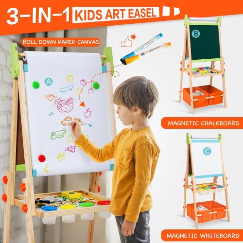 Kids Easel Including 100  Accessories, Rundad Double Sided Wooden Easel for Kids Age 3-8 with Magnetic Chalkboard & Painting Board, Free Height Adjustable Art Easel Supplies for Toddlers