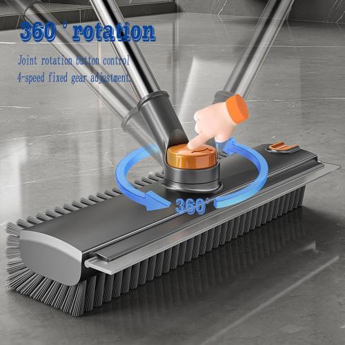 Floor Scrubbing Brush with Squeegee,2 in 1 Grout Brush with 54 Adjustable Long Handle,V-Shape Stiff Brush Bristle,360°Rotation,Bathroom Cleaning Brush for Tile,Deck,Garage,Kitchen,Swimming Pool,Grey