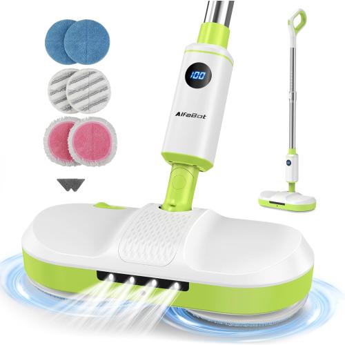 AlfaBot Cordless Electric Mop for Floor Cleaning, Dual Spin Mop with LED Headlight /Water Spray/Self-Propelled,Clean up to 2700 ft²