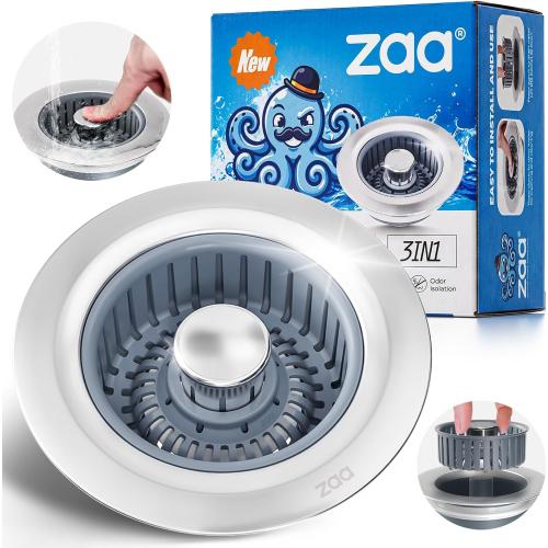 Sink Drain Strainer - Sink Stopper Kitchen Drain, 3 in 1 Kitchen Sink Drain Strainer with Anti-Clogging Basket, Kitchen Gadgets Clearance Sink Accessories, Fit US Standard 3-1/2'' Sink Hole, Silver