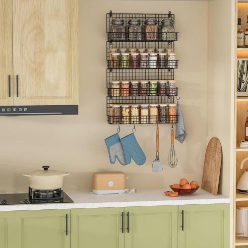 X-cosrack Upgraded Foldable Large 4 - Tier Wall Mounted Spice Rack Organizer, Stackable Storage with 5 Hooks, Holds 80 Jars for Kitchen Pantry Organization (Patent:D909138S)