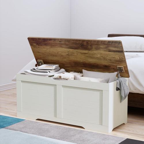 39.4 Storage Chest, Wooden Storage Bench, Lift Top Toy Chest | Large Toy Box with 2 Safety Hinges, Entryway Bench for Bedroom, Living Room, Brown and Rustic White