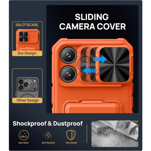 SSLOTSCASE for iPhone 17 Pro Max Case with Card Holder & Camera Stand & Kickstand & Slide Camera Lens Cover & Wallet, Military-Grade Heavy Duty Phone Case Cover for iPhone 17 Pro Max 6.9'', Orange
